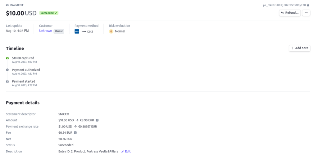 A screenshot of the connected Stripe Account that verifies that the purchase did arrive in Stripe.