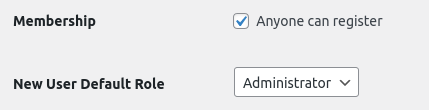 Sreenshot of the WordPress Admin dashboard, showing the "Anyone can register" and "New User Default Role" settings.

The "Anyone can register" option is now turned on and the default role is set to administrator. We're about to save the settings.