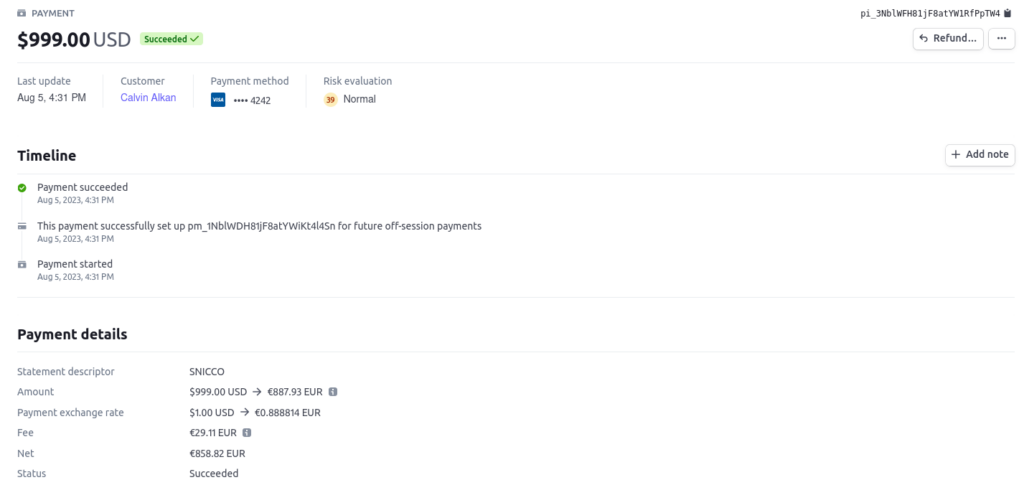 A screenshot of the Stripe Dashboard with the new payment signaling that the order completed.