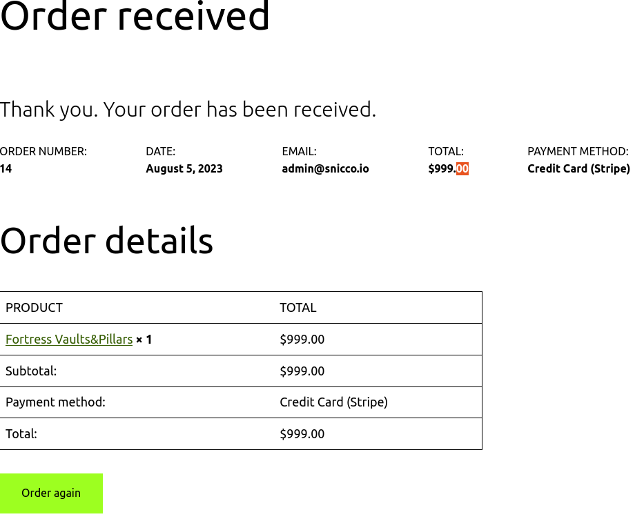 A screenshot of the WooCommerce Order Received page signaling that the order completed.