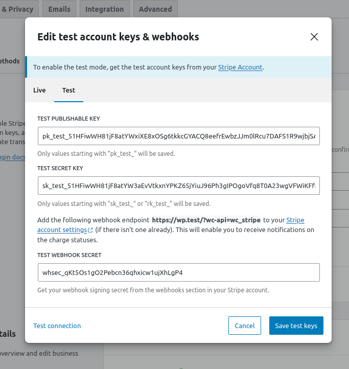 Screenshot of the WooCommerce Edit Account keys modal, which still shows all plaintext secrets.