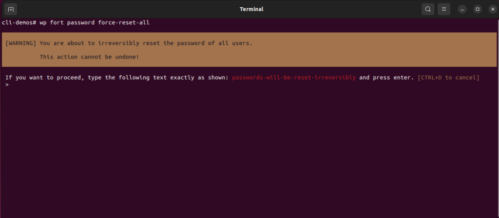 An image showing the terminal output of running "wp fort password force-reset-all"