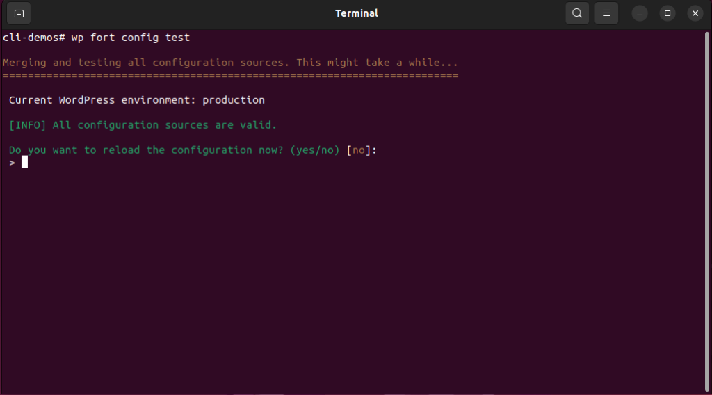 An image showing the terminal output where wp fort config test was run.