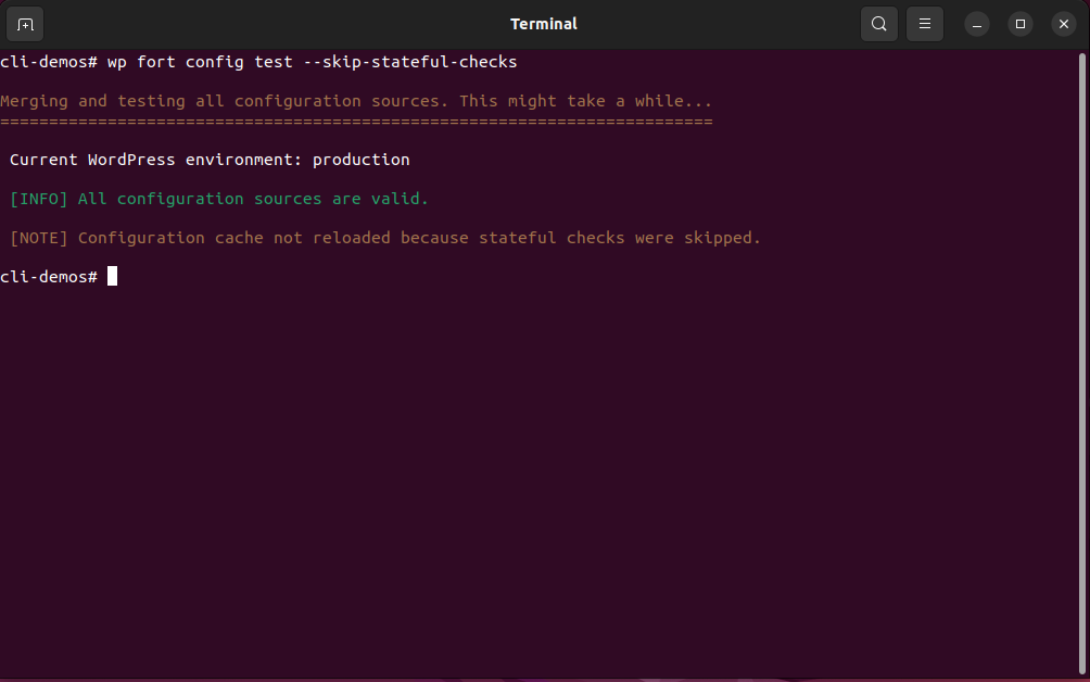 A screenshot showing the terminal output of running config test with the --skip-stateful flag.