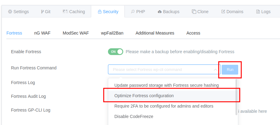 A screenshot showing GridPane's UI for running the wp fort config optimize command.