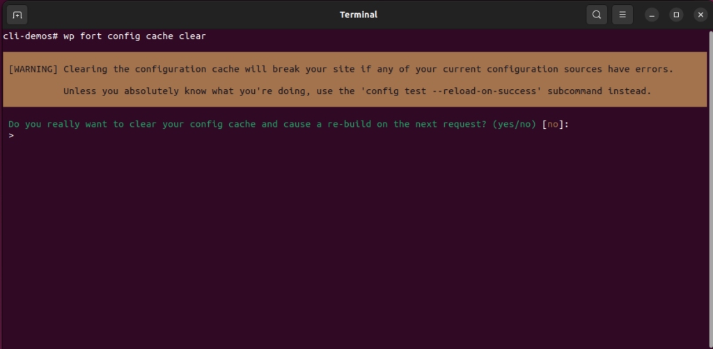 An image showing the terminal output of running the wp fort config cache clear command.