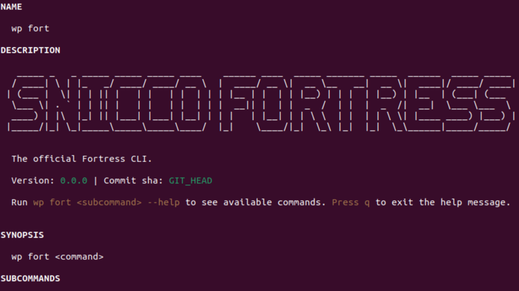 An image that shows the output of running "wp fort --help"