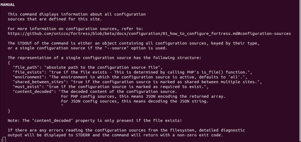 An image that shows that output of running "wp fort config ls --help",
specifically the manual.